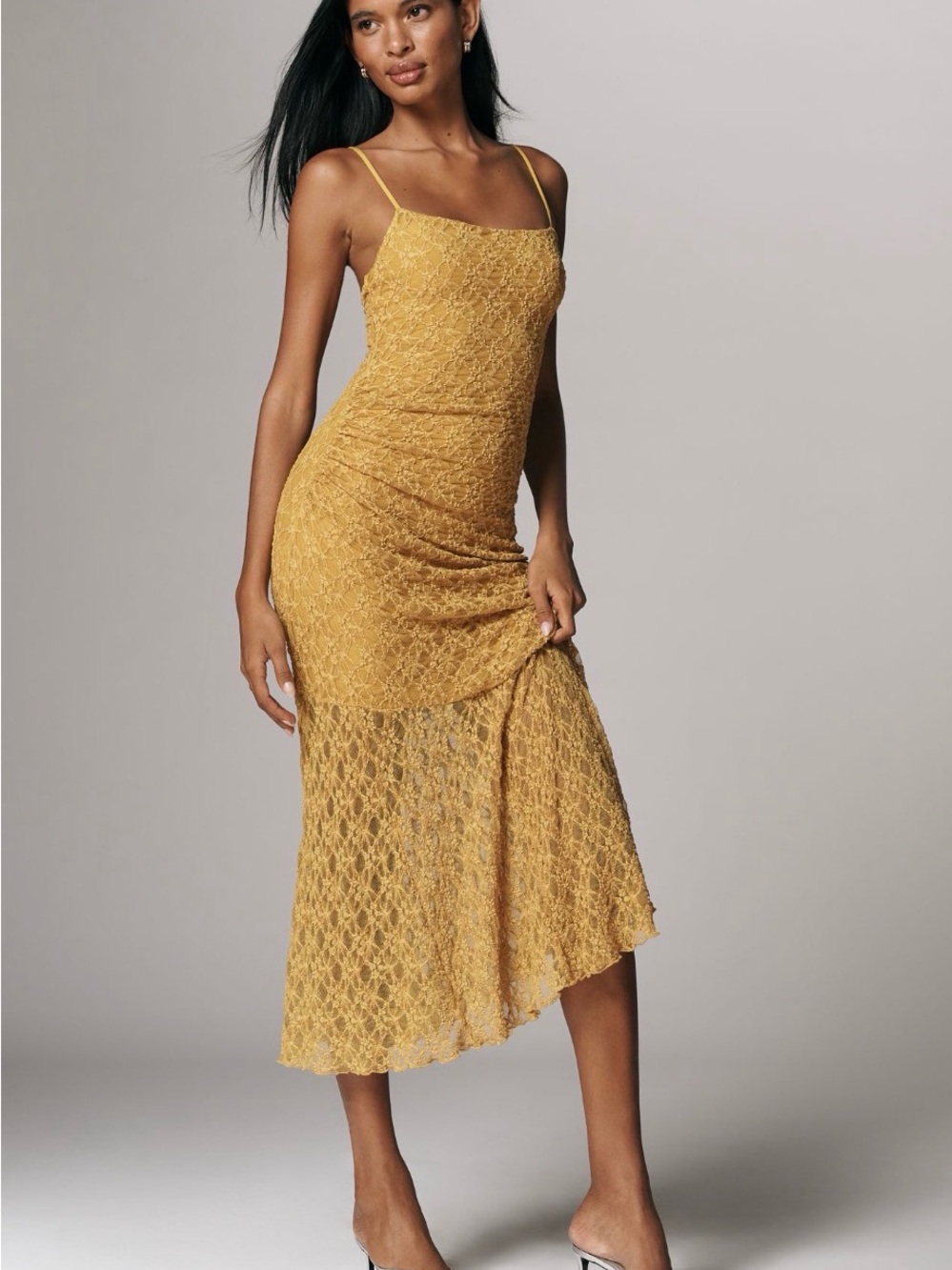 Anthropologie Lace Slip Midi Dress in Mustard
